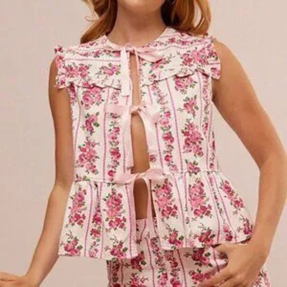 ZARA Boho Women's ditsy Floral Stripe Tie Front Tiered Ruffle Peplum Sl